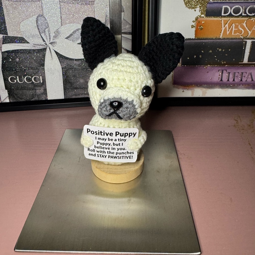 Handmade Crochet French Bulldog with Motivational Message